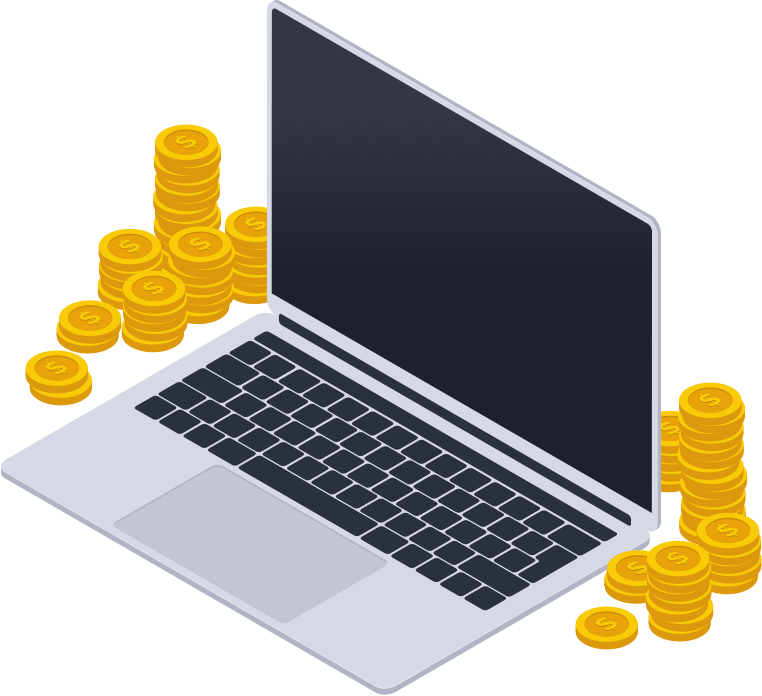 laptop surrounded by currency